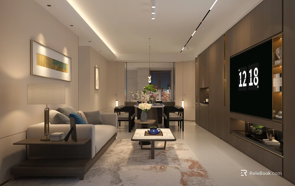Modern Living and Dining Room Interior With Sofa Coffee Table TV And Decorative Painting 3d model 