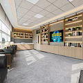 Hotel Public Lounge Area Featuring Large Windows Black Leather Sofas Wooden Bookshelves And Green Plants