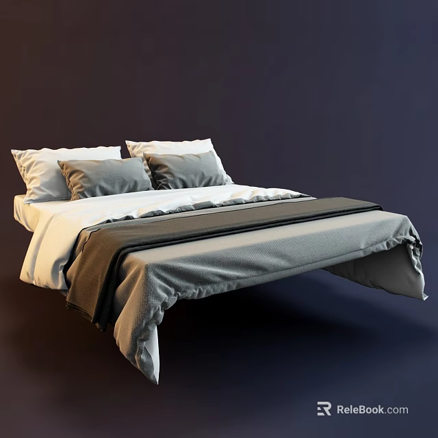 Modern Double Bed With White Sheets Gray Duvet And Pillows In Minimalist Style 3d model 