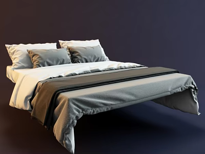 Modern Double Bed With White Sheets Gray Duvet And Pillows In Minimalist Style 3d model