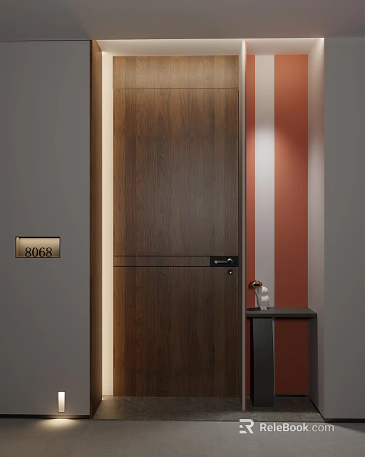 Hotel Corridor With Gray Wall Wooden Door Room Number Sign Warm Lighting And Side Table 3d model 