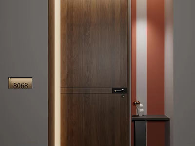 Hotel Corridor With Gray Wall Wooden Door Room Number Sign Warm Lighting And Side Table 3d model