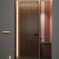 Hotel Corridor With Gray Wall Wooden Door Room Number Sign Warm Lighting And Side Table