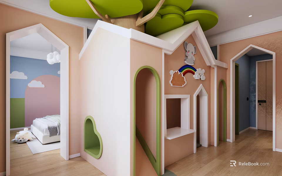 Kids Theme Hotel Guest Room With Treehouse Bed Slide Rainbow And Cloud Decor 3d model 