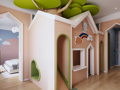 Kids Theme Hotel Guest Room With Treehouse Bed Slide Rainbow And Cloud Decor 3d model