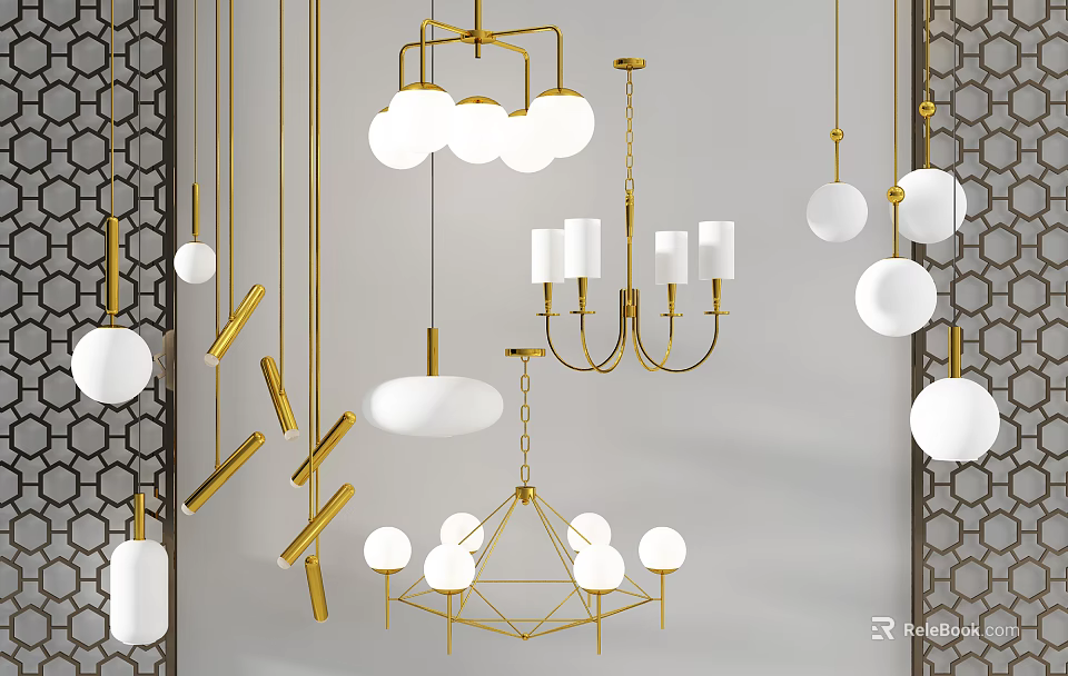 Modern Contemporary Chandeliers With Gold White Spherical Geometric And Linear Design Elements 3d model 
