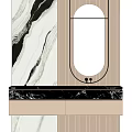 Elegant Modern Washbasin Vanity Design With Marble Countertop Oval Mirror And Striped Panels