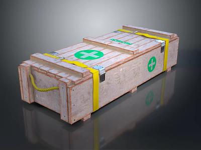 Wooden Crate With Green Cross Symbols Yellow Straps Secured Medical Storage 3d model