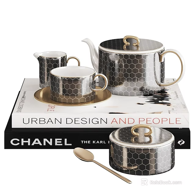 Decorative Ornament Set With Honeycomb Pattern Teapot Cups Tray Books Jar Spoon And Gold Accents 3d model 