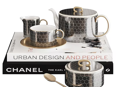 Decorative Ornament Set With Honeycomb Pattern Teapot Cups Tray Books Jar Spoon And Gold Accents 3d model