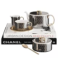Decorative Ornament Set With Honeycomb Pattern Teapot Cups Tray Books Jar Spoon And Gold Accents
