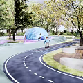 Beautiful Park Landscape With Colorful Track Children Riding Bikes Green Trees And Stone Benches