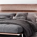 Modern Double Bed With Leather Headboard Gray Checkered Bedding And Nightstands