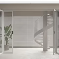 Modern Folding Doors Open To Bright Interior With Spiral Staircase And Plant