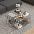 Modern Metal Grid Coffee Table With Laptop Books Tea Set And Gray Sofa