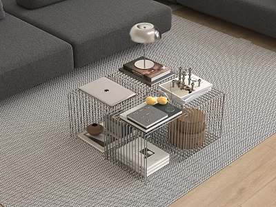 Modern Metal Grid Coffee Table With Laptop Books Tea Set And Gray Sofa 3d model