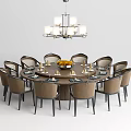 Elegant Round Dining Table Set With Chairs Fruit Basket Tableware And Chandelier 3d model