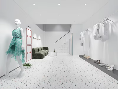Modern Women's Clothing Store with Minimalist Interior Mannequin Dress Hanging Clothes Sofa and Shoes 3d model