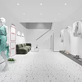 Modern Women's Clothing Store with Minimalist Interior Mannequin Dress Hanging Clothes Sofa and Shoes