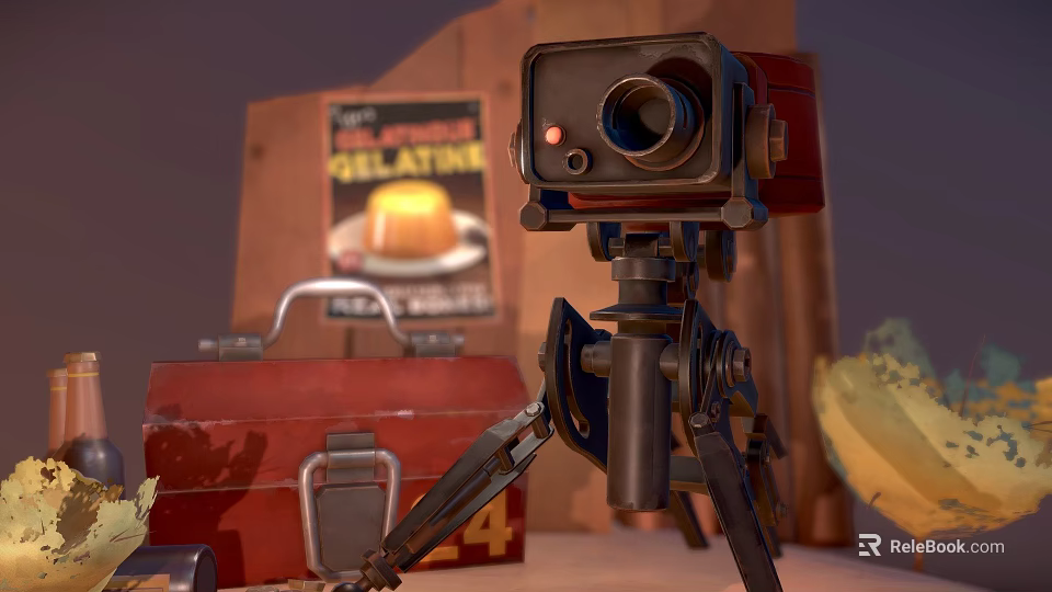 Vintage Digital Camera On Tripod With Red Case And Retro Poster 3d model 