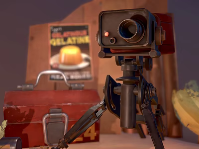 Vintage Digital Camera On Tripod With Red Case And Retro Poster 3d model