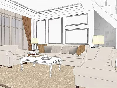 Modern Living Dining Room Interior With Beige Sofa Coffee Table Table Lamps And Curtains 3d model