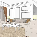 Modern Living Dining Room Interior With Beige Sofa Coffee Table Table Lamps And Curtains