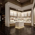 Modern Luxury Display Space With White Counter White Cabinets Bright Lighting And Dark Flooring