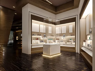 Modern Luxury Display Space With White Counter White Cabinets Bright Lighting And Dark Flooring 3d model