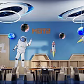 School Classroom With Blue Walls Astronaut Planets Rocket And Circular Lights 3d model