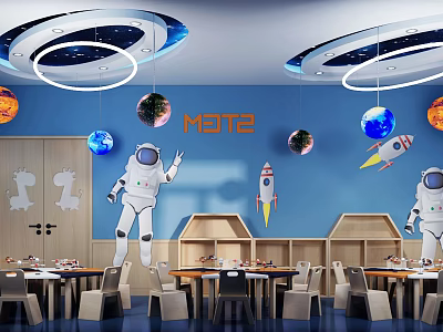 School Classroom With Blue Walls Astronaut Planets Rocket And Circular Lights 3d model