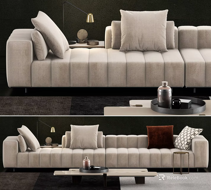 Modern Beige Tufted Sectional Sofa With Cozy Pillows And Decorative Side Table 3d model