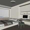 Modern Tatami Bedroom Interior with White Blinds Wall-Mounted Cabinets and Computer Desk 3d model