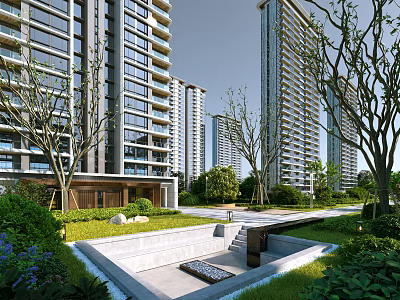 Modern High Rise Residential Building With Landscaped Garden And Lush Greenery Surroundings 3d model
