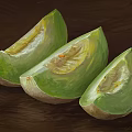 Fresh Ripe Green Melon Three Sliced Halves With Juicy Flesh And Seeds