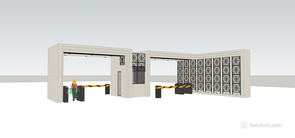 Modern Entrance Gate Design With Security Guard Yellow Barriers And Decorative Walls 3d model 