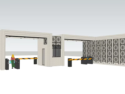 Modern Entrance Gate Design With Security Guard Yellow Barriers And Decorative Walls 3d model