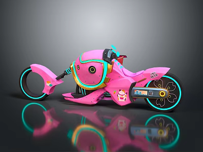 Pink Cartoon Design Motorcycle With Glowing Blue Rims And Body Decorations 3d model
