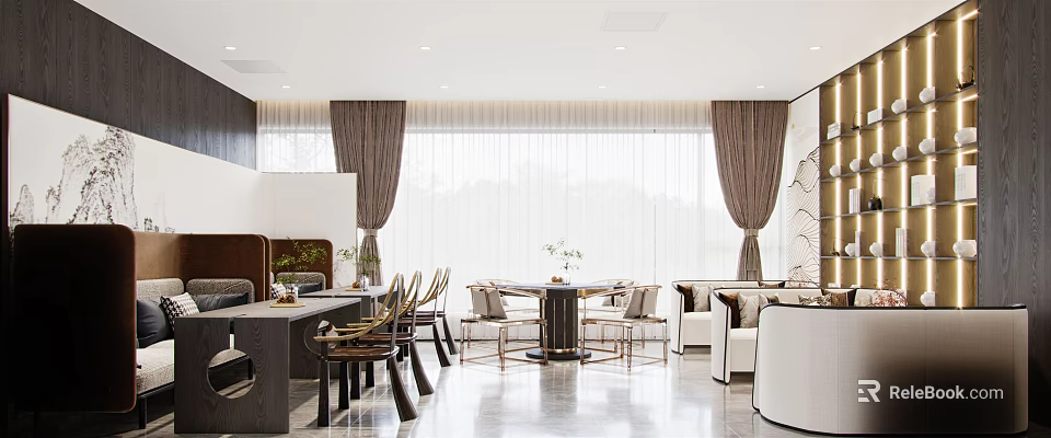 Elegant Hotel Public Lounge Area With Comfortable Seating Large Windows And Natural Light 3d model 
