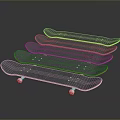 Multiple Colorful Skateboards with Colored Decks and White Wheels Stacked on Dark Background