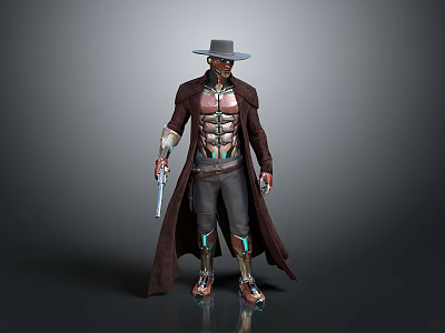 Game Movie Character With Wide Brim Hat Mechanical Arm Body Long Coat And Gun 3d model