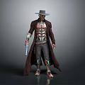 Game Movie Character With Wide Brim Hat Mechanical Arm Body Long Coat And Gun
