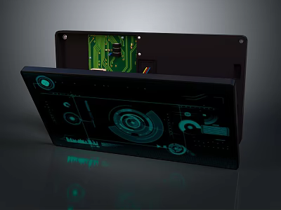 Open Computer Hardware Panel Featuring Green Circuit Board And Detailed Graphic Interface 3d model