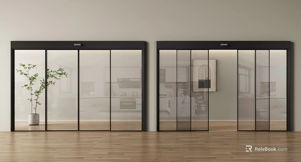 Modern Interior Sliding Glass Doors With Black Frame And Wooden Floor 3d model 