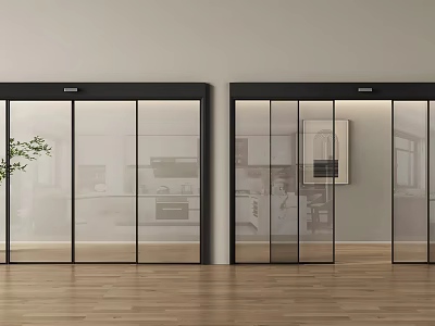 Modern Interior Sliding Glass Doors With Black Frame And Wooden Floor 3d model