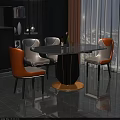 Modern Round Dining Table with Marble Top Black Gold Pedestal and Orange White Chairs