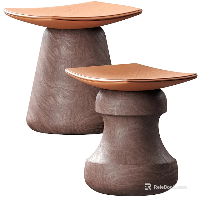 Modern Wooden Stools With Sculptural Bases And Brown Leather Seats For Contemporary Spaces 3d model 
