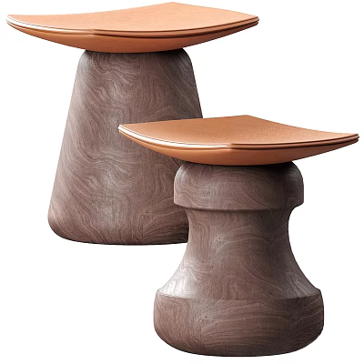 Modern Wooden Stools With Sculptural Bases And Brown Leather Seats For Contemporary Spaces 3d model