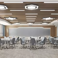 School Modern Classroom With Wooden Slat Ceiling Hexagonal Lights And Large Screen 3d model