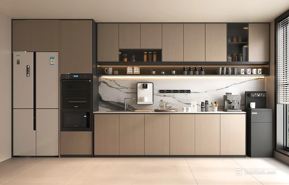 Modern Pantry Interior With Cabinets Refrigerator Coffee Machine And Marble Countertop 3d model 